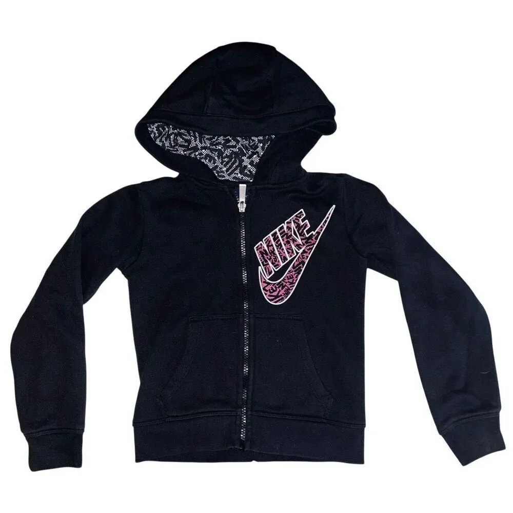 Nike Sweatshirt Girls Size 6 Black Hoodie Full Zip Swoosh
